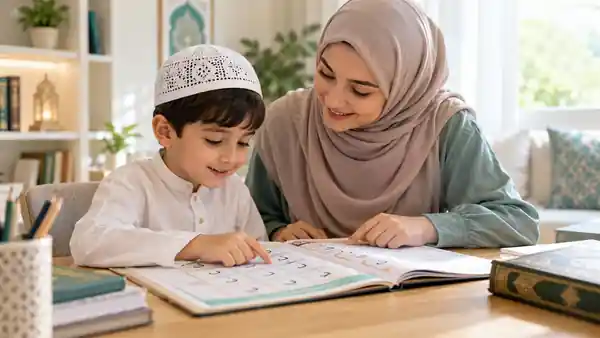 Illustrative home study scene of a child beginning Quran reading with adult guidance