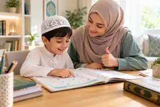 Child practising beginner Quran and Arabic reading with adult guidance